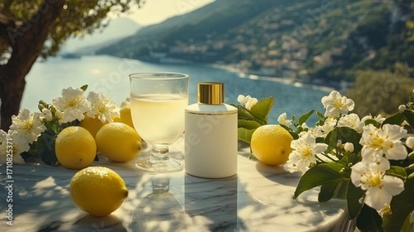 Fototapeta Skincare product advertisement with seaside background surrounded by lemons