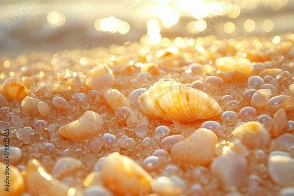 Fototapeta Beautiful light colored pearlescent shells and pearls lay on the yellow clean beach sand