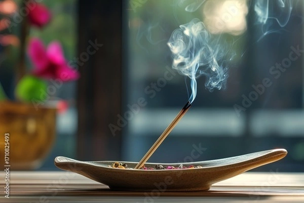 Fototapeta Aesthetic incense sticks with smoke on a light sunny background. Spa meditation concept. Copy space.