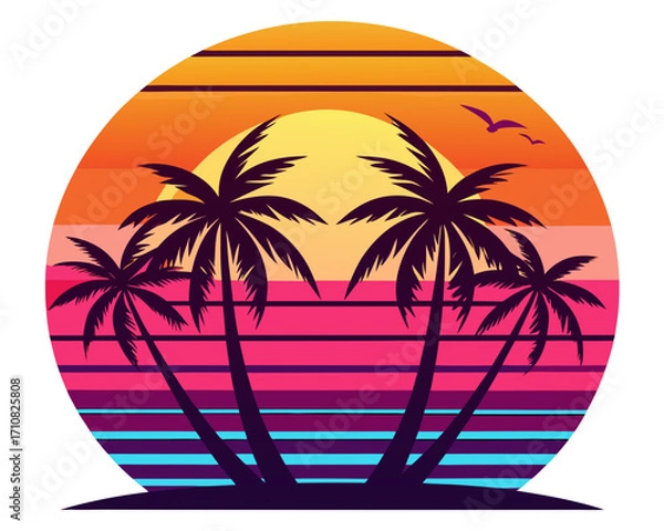 Obraz Retro Tropical sunset with palm trees vector on white background