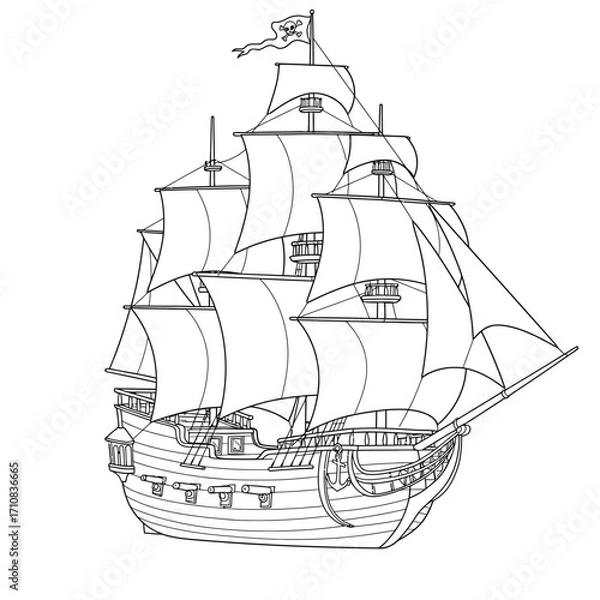 Fototapeta Detailed drawing of a vintage sailing ship with a dark silhouette
