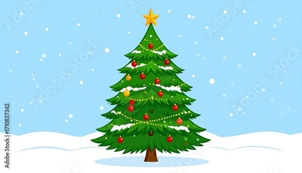 Fototapeta A vibrant Christmas tree adorned with colorful ornaments stands proudly in a snowy landscape against a light blue sky, evoking a festive and serene winter scene.