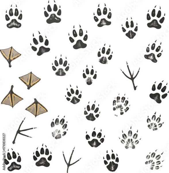 Obraz Animal Paw Prints and Bird Tracks Set
