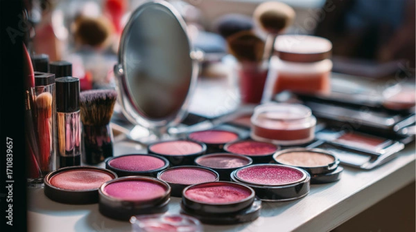 Fototapeta A table with cosmetics, brushes, and a mirror. Makeup concept.
