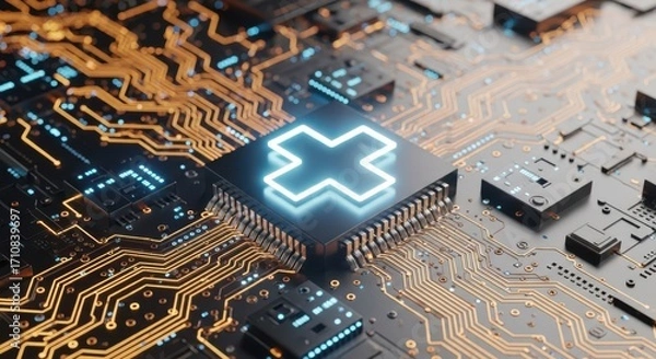 Fototapeta Glowing medical cross on a digital circuit board for health tech.