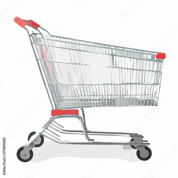 Fototapeta supermarket  metallic cart with red handle in a white background