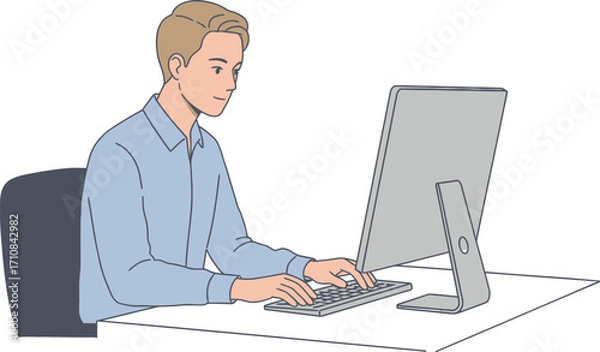 Fototapeta Young Man Working on Computer at Desk