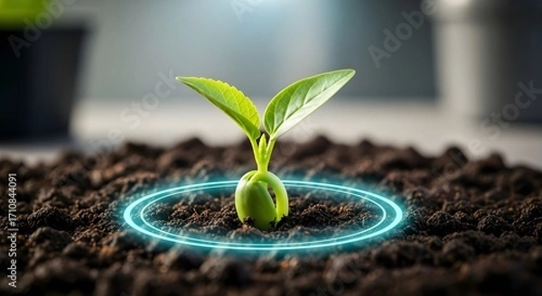 Fototapeta Close-Up of Green Seedling in Soil with Digital Glowing Circle