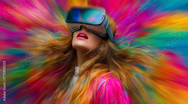 Obraz Girl in hi-tech VR glasses with elements of artificial intelligence. Background in a high-tech style. Shining lines and patterns resembling neural networks, connections, and digital circuits.	
