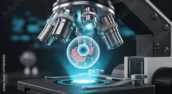 Fototapeta Futuristic microscope analyzing a holographic cell for AI pathology