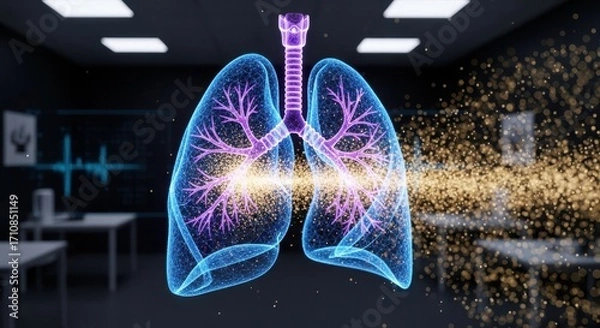Fototapeta AI visualization of lungs with digital airflow particles.