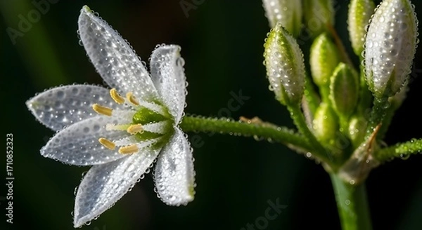Fototapeta Macro Photograph of White Flower with Sparkling Water Droplets