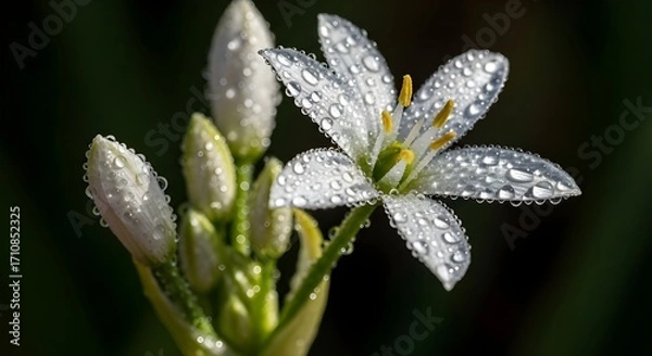 Fototapeta Macro Photograph of White Flower with Sparkling Water Droplets