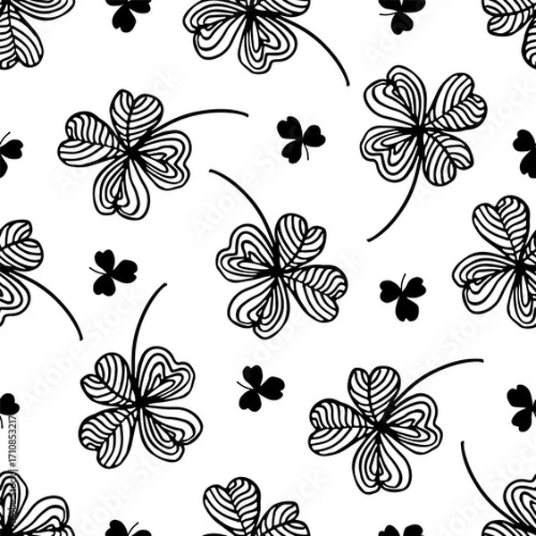 Fototapeta Seamless pattern with leaf clovers. Lucky four or three black shamrock leaves on white background. Patrick day. Hand drawn vector illustration