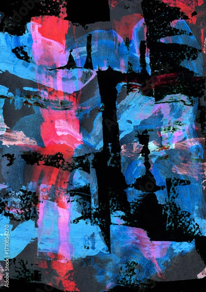 Fototapeta An abstract oil or acrylic painting in deep blue, red and black tones, executed with bold, broad strokes using a palette knife.