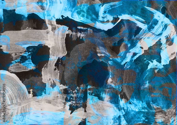 Fototapeta Abstract painting with wide circular brushstrokes of a semi-dry brush in blue-black and dark blue tones, dynamic artistic background