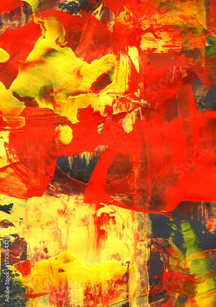 Fototapeta Abstract palette knife painting in vibrant red and yellow tones with expressive brushstrokes of red and yellow acrylic or oil. Contemporary art. 