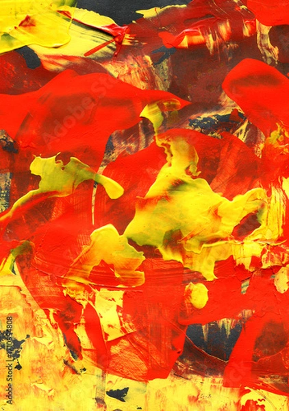 Fototapeta Abstract palette knife painting in vibrant red and yellow tones with expressive brushstrokes of red and yellow acrylic or oil. Contemporary art. 