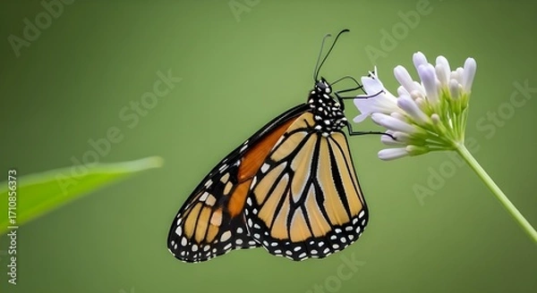Fototapeta Yellow, Black, and Orange Butterfly Perched on a Bud with Soft Green Background