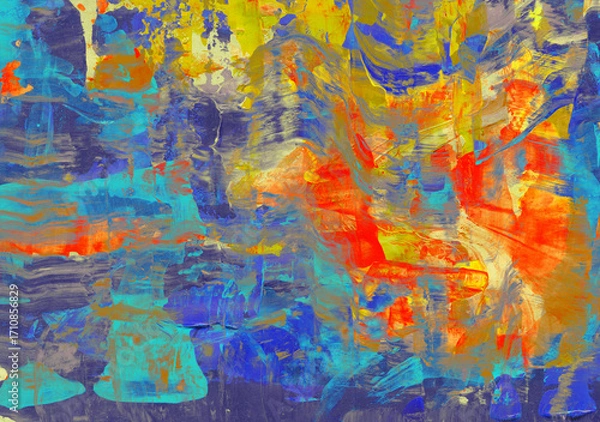 Fototapeta Horizontal vibrant multi-colored background with bold brushstrokes and dynamic color transitions, multi-layered painting