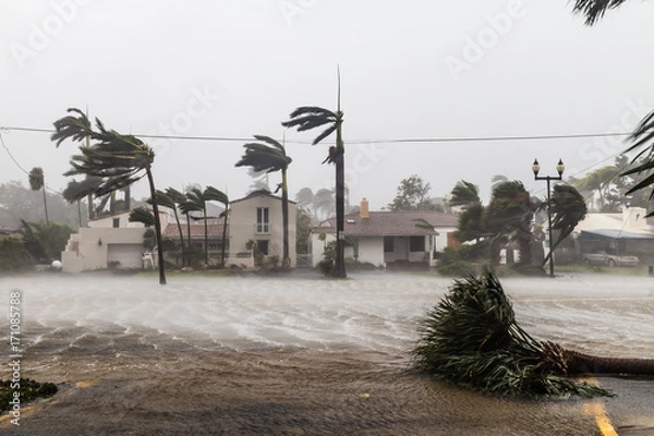 Fototapeta Flooded Las Olas Blvd and Palm trees blowing in the winds, catastrophic hurricane Irma.