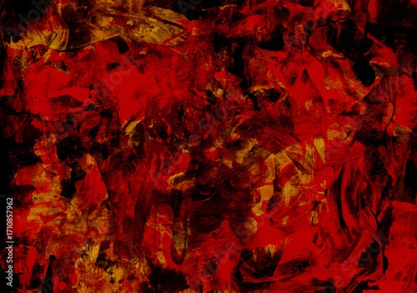 Fototapeta Dark horizontal abstract background with chaotic dynamic red, black and yellow strokes, color layering