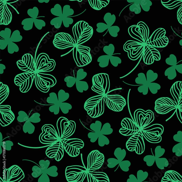Fototapeta Seamless pattern with leaf clovers. Lucky four, three green shamrock leaves on black background. Patrick day. Hand drawn vector illustration