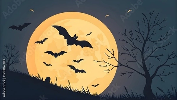 Obraz Vector Silhouette of Bats Flying Across a Giant Full Harvest Moon, Night Sky Background