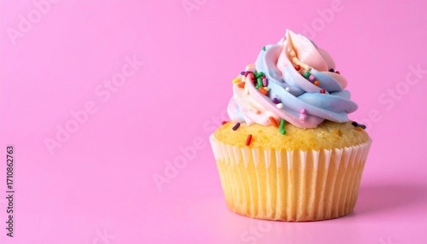Fototapeta Sweet Cupcake with Colorful Frosting and Sprinkles Isolated on Pink Background for Bakery Dessert Object and Sweet Snack Concept