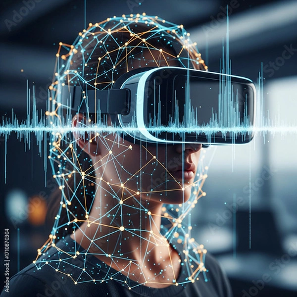 Fototapeta Profile of a Woman in a Virtual Reality Headset Interacting with a Futuristic Interface of Glowing Data and Connectivity Lines