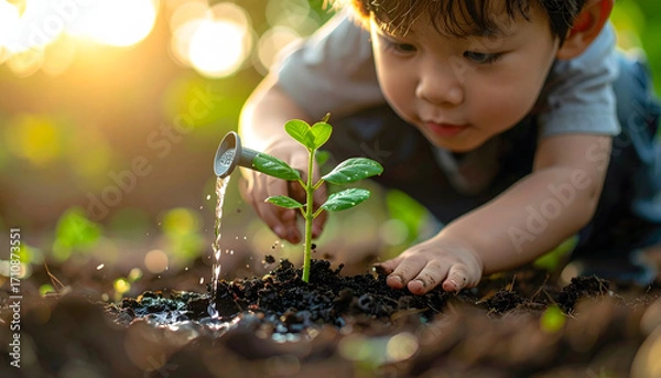 Fototapeta Nurturing Life: A young child attentively waters a small sapling, symbolizing growth, care, and the interconnectedness of nature and youth.