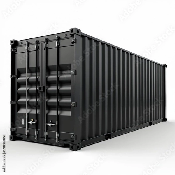 Fototapeta Low angle view of shipping container isolated on white background. Black metal freight box stands indoors. Cargo container used for transportation. Empty container for import and export.