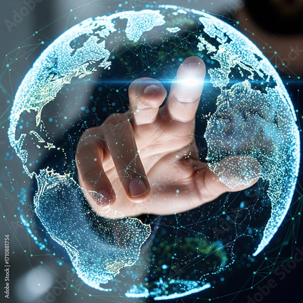 Fototapeta Hand Touching and Interacting with a Digital Holographic Earth Globe with a Glowing Point of Light and a Network of Connections