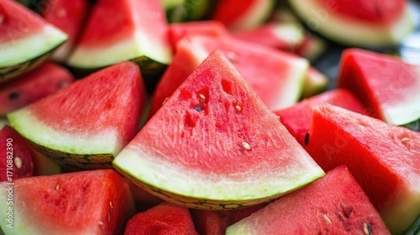 Fototapeta Close-up view of many sliced watermelons.