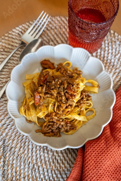 Obraz homemade recipe for pasta with Bolognese sauce and cheese