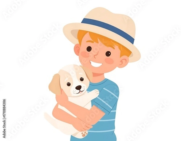 Fototapeta Warmly Embracing Companionship of a Joyful Child and Puppy