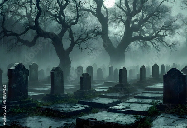 Fototapeta fog drifts across cracked headstones in an old halloween cemetery casting eerie shadows as moonlight breaks through the mist creating a chilling ghostly atmosphere of silence and forgotten souls
