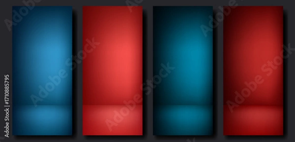 Fototapeta Vertical dark studio backgrounds set. Empty monochrome room, wall and floor of navy blue and dark red colors. Vector blank template for roll up banner or stories design, product presentation.