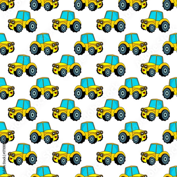Fototapeta Cute kids pattern for girls and boys. Colorful car, tractor on the abstract bright background create a fun cartoon drawing.The background is made in blue colors.Urban backdrop for textile and fabric