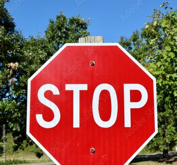 Fototapeta A close view of the red stop sign.