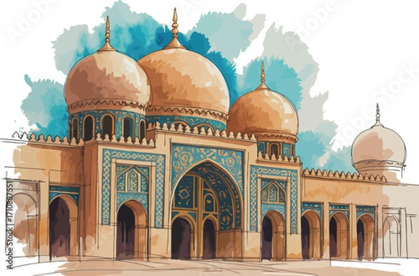 Fototapeta An exquisite watercolor painting depicts a grand mosque, characterized by multiple domes and intricate blue and gold tile work.