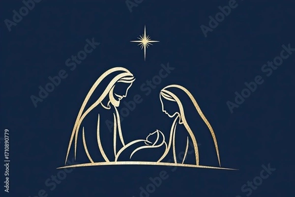 Fototapeta Minimalist illustration of a nativity scene featuring a mother and father gazing lovingly at their newborn child, with a shining star above, conveying a serene holiday atmosphere