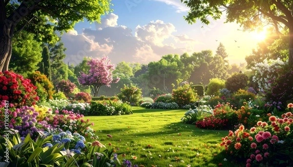 Obraz A vibrant garden scene, filled with lush greenery, colorful flowers, and a serene ambiance, bathed in warm sunlight.