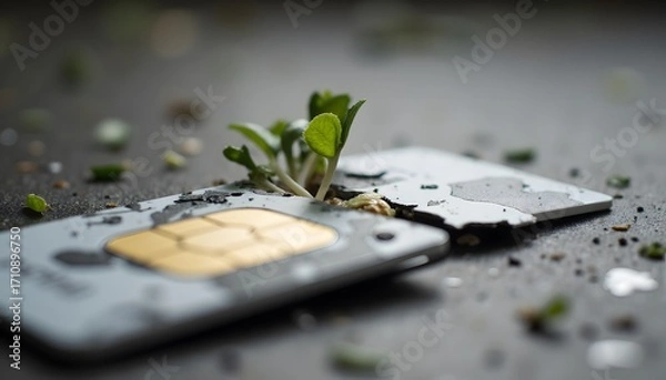 Fototapeta SIM Card with Sprouting Plant Symbolizing Growth and Technology Sustainability Concept