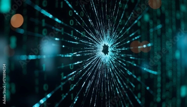 Fototapeta Abstract Representation of Digital Data with Bullet Hole Effect and Binary Elements