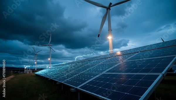 Fototapeta Wind Turbines and Solar Panels Under Dark Clouds at Dusk with Blue Lights Display