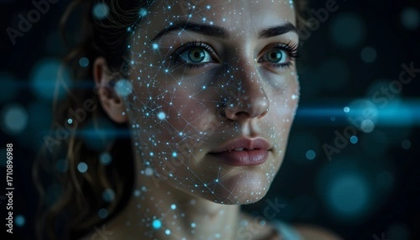 Fototapeta Futuristic Portrait of Woman with Digital Overlay of Data Points and Connections