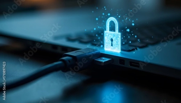 Fototapeta Secure Data Connection with Digital Lock Symbol on Laptop USB Port in Focus