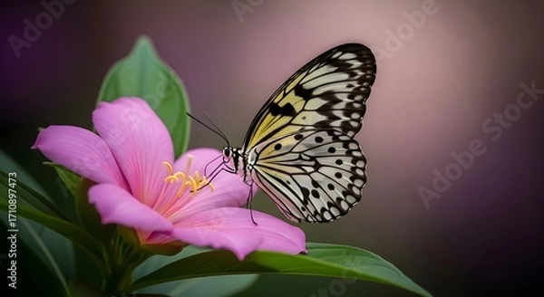 Fototapeta Close-Up of Patterned Butterfly on Pink Flower Against Soft Purple Blur