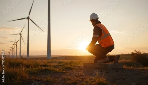 Fototapeta Worker in Hard Hat Observes Sunset at Wind Farm with Turbines in Background